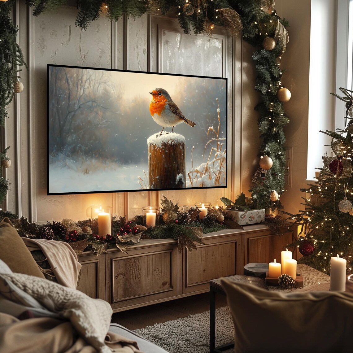European Robin on Snow Covered Stump Winter Woodland Bird Poster - Image 3
