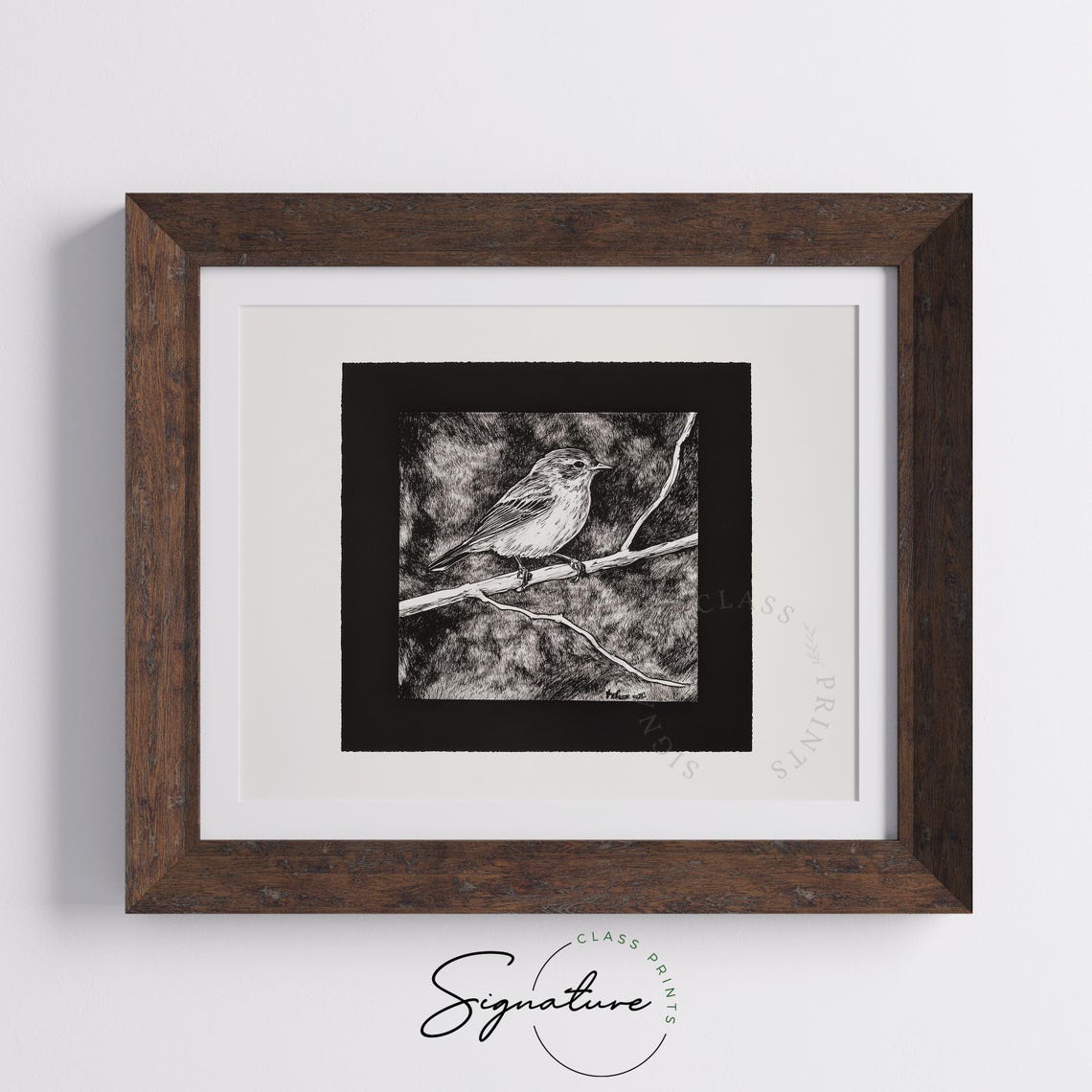 Songbird On Branch Dark Background Rustic Black And White Poster - Image 5