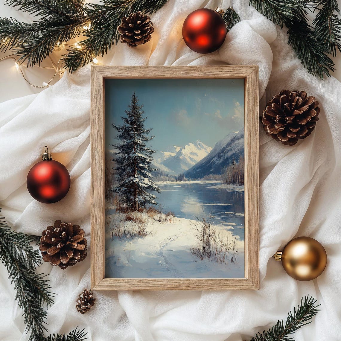 Snow Covered Pine Tree By A Frozen Blue Mountain Lake Poster - Image 4