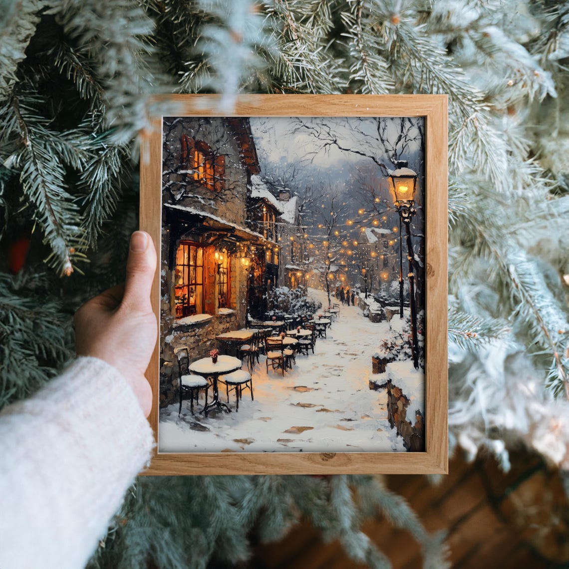 Snowy Village Square With Outdoor Cafe Winter String Lights Poster - Image 6