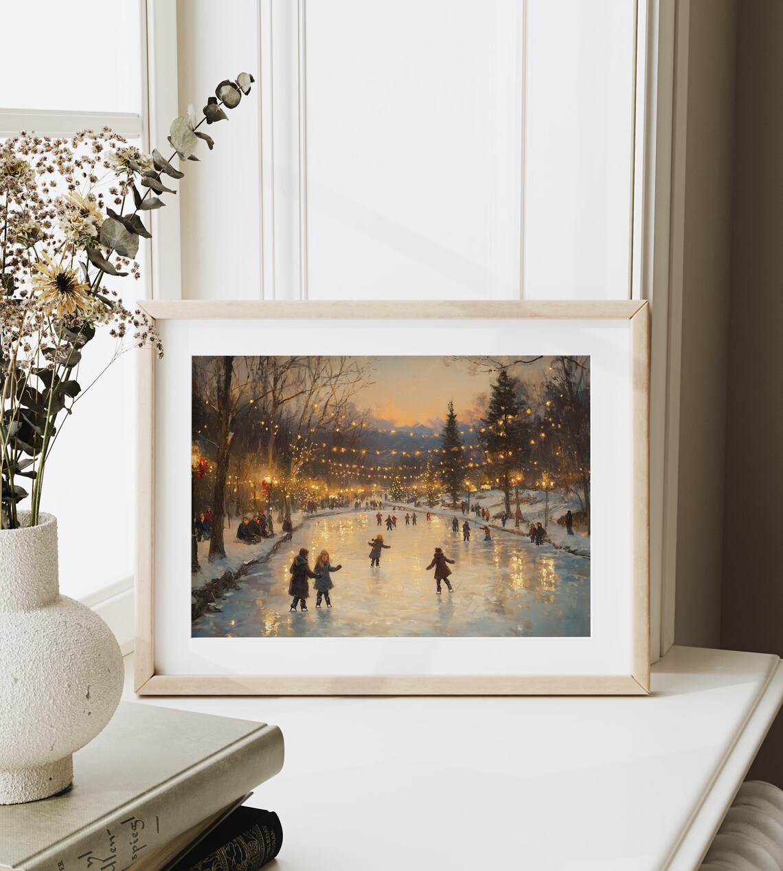 Children Ice Skating At Dusk On A Frozen Park Pond Winter Poster - Image 6