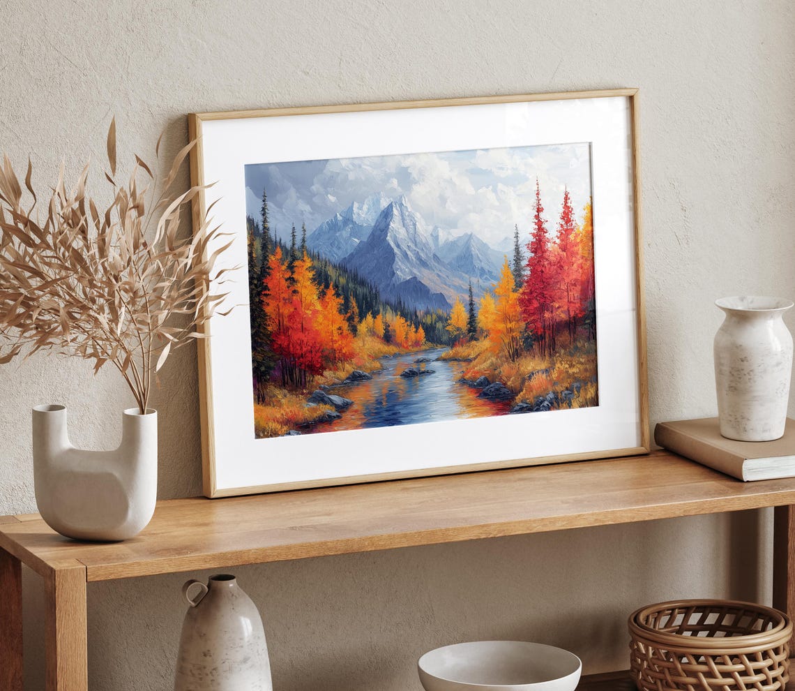 Autumn River Snowy Peak Fall Reflection Mountain Landscape Wall Art - Image 4
