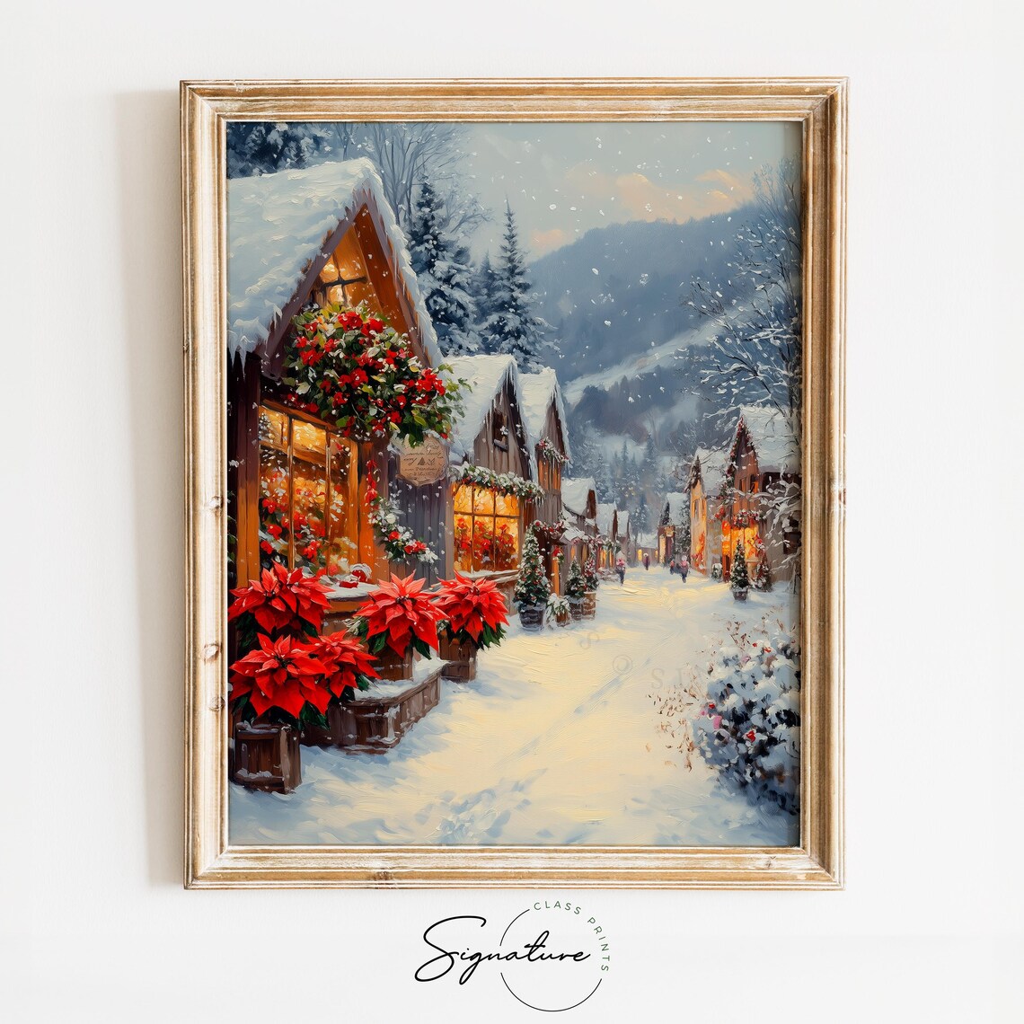 Snowy Village Flower Shop with Poinsettias Christmas Street Poster
