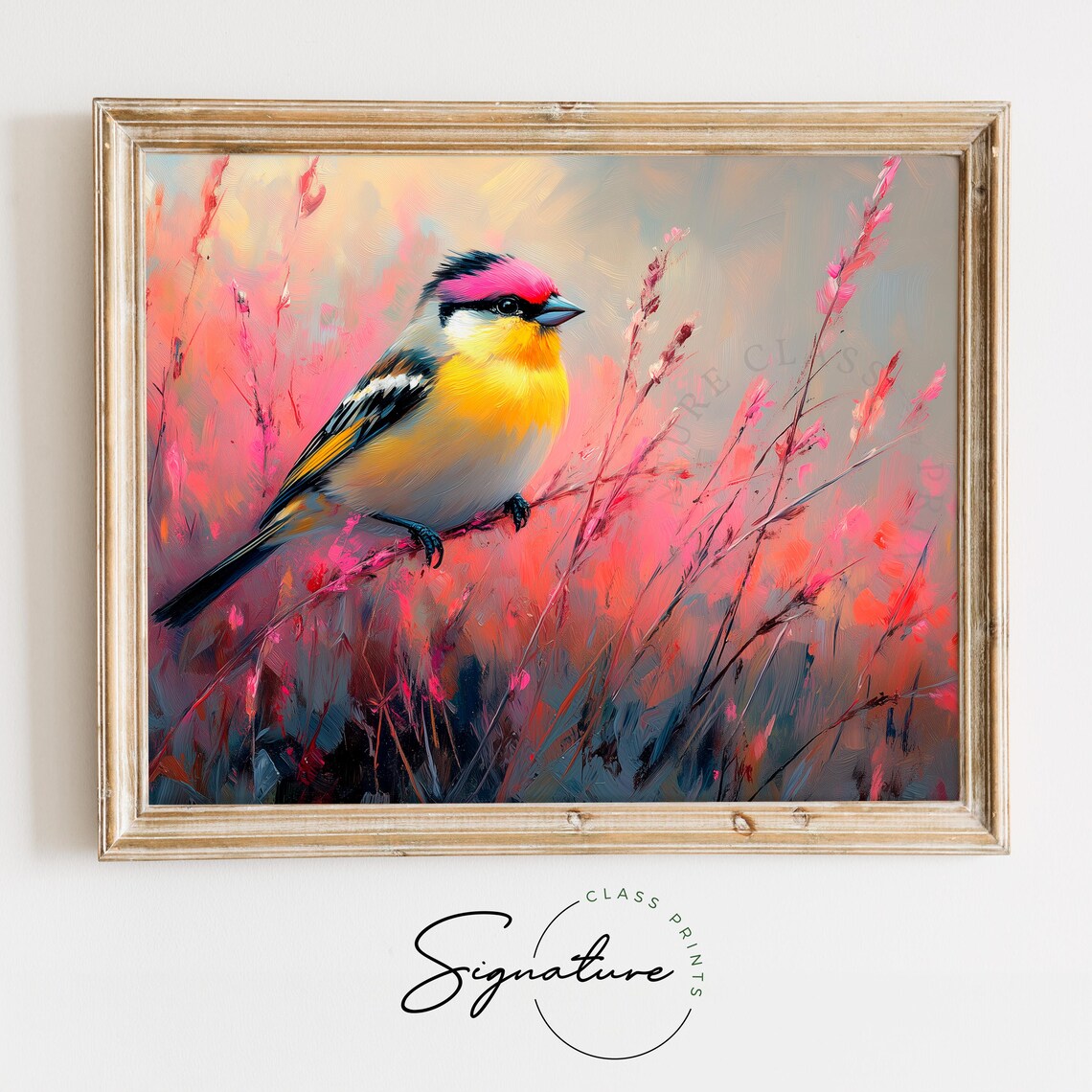 Colorful Songbird Resting Among Tall Grasses In Warm Pastel Light Poster