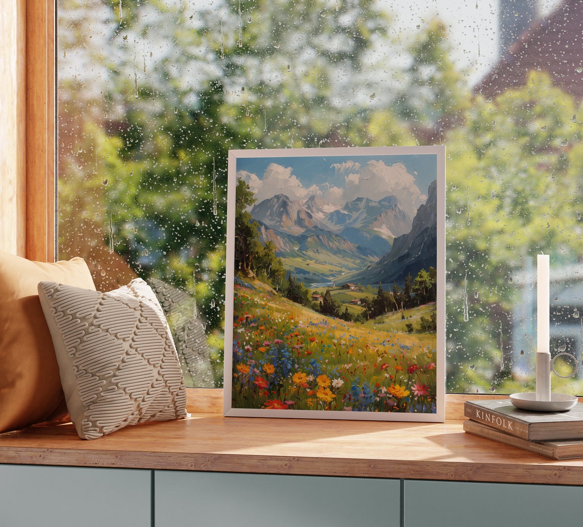 Alpine Valley In Spring Wildflower Meadow Village Mountain Poster - Image 2