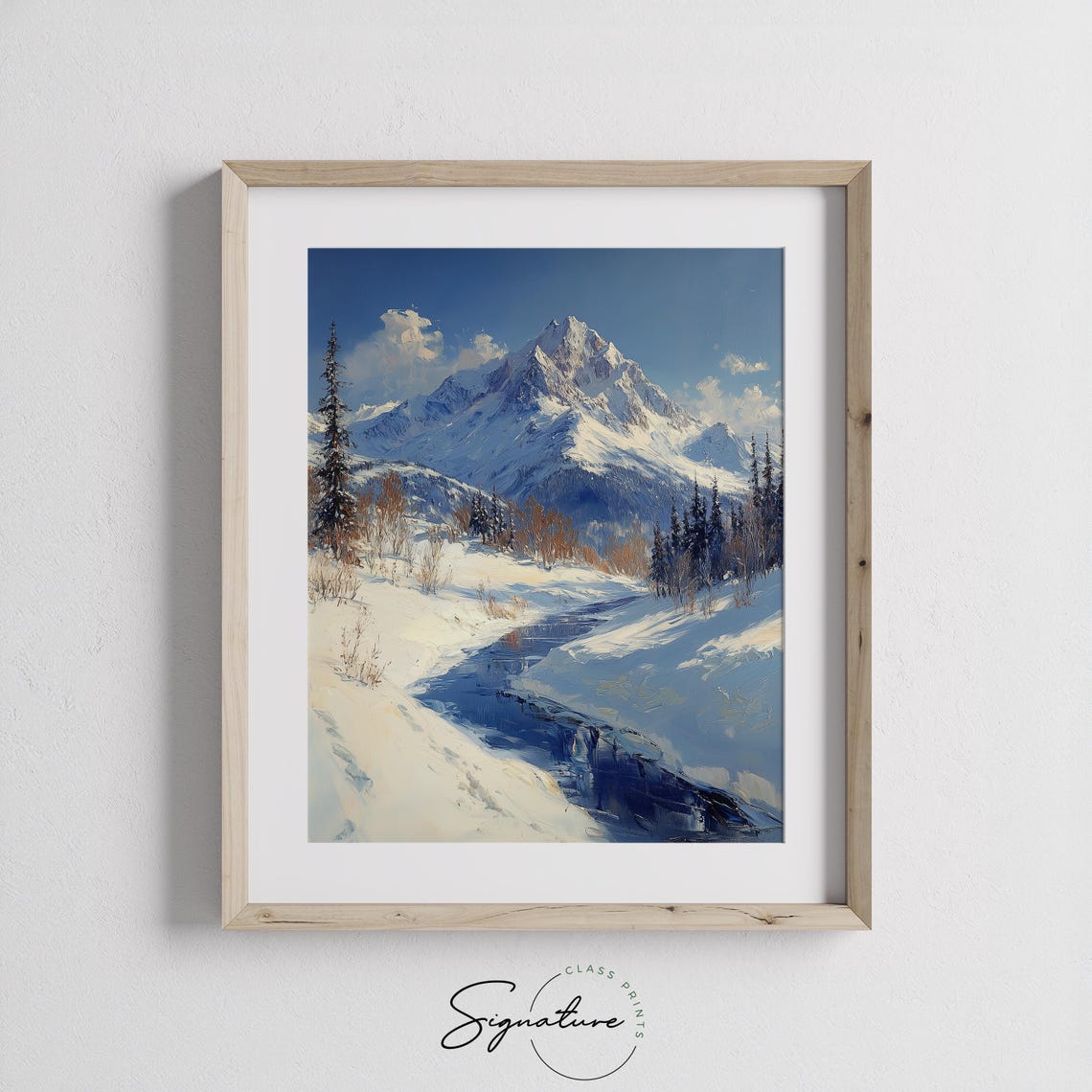 Snowy Mountain Peak With Pine Trees And Winding Stream Poster - Image 2