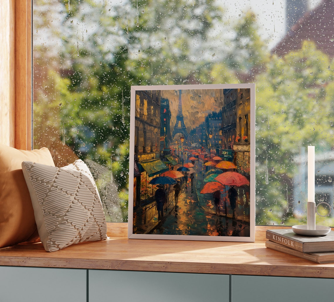 Rainy Paris Street With Eiffel Tower Colorful Umbrellas Art Poster - Image 2