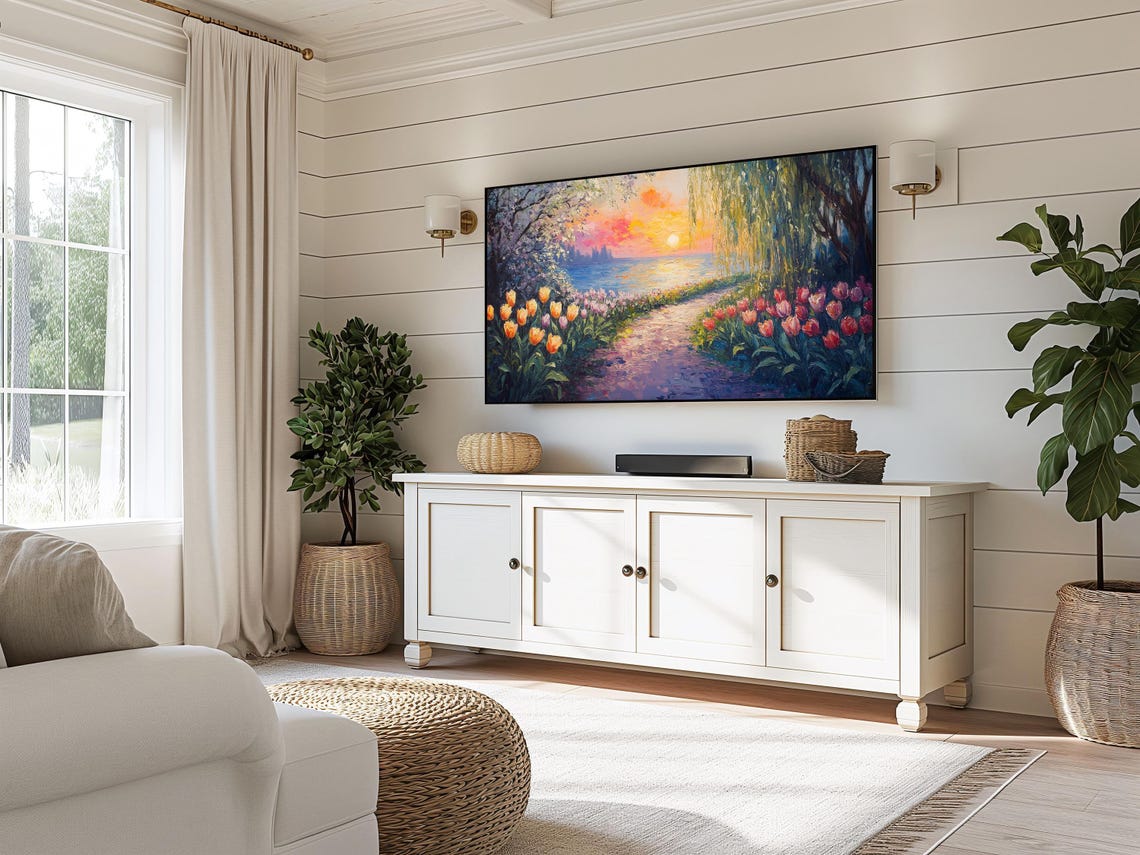 Tulip Garden Path To The Lake At Sunset With Willow Spring Art Poster - Image 3