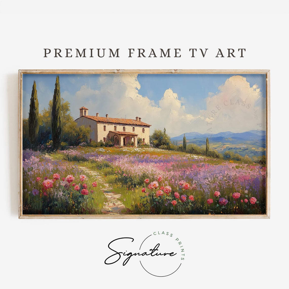 Italian Villa Flower Meadow Cypress Trees Countryside Landscape Poster