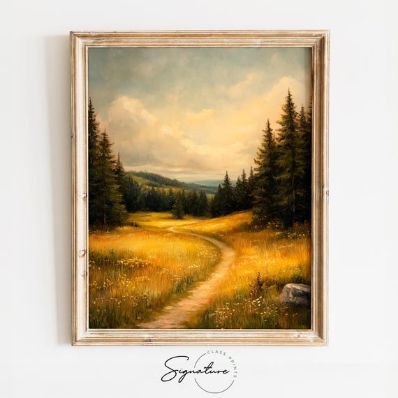 Broad Meadow Path Under Golden Sunlight Rustic Cottagecore Landscape Art Serene Pastoral Nature Scene Painting 3048