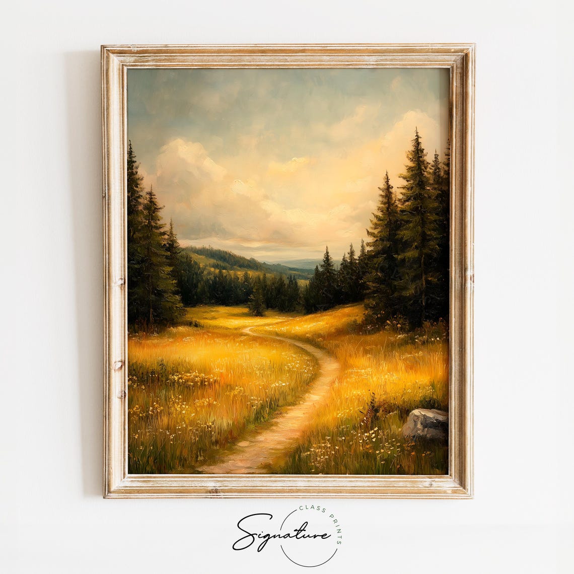 Broad Meadow Path Under Golden Sunlight With Pines Pastoral Art Poster