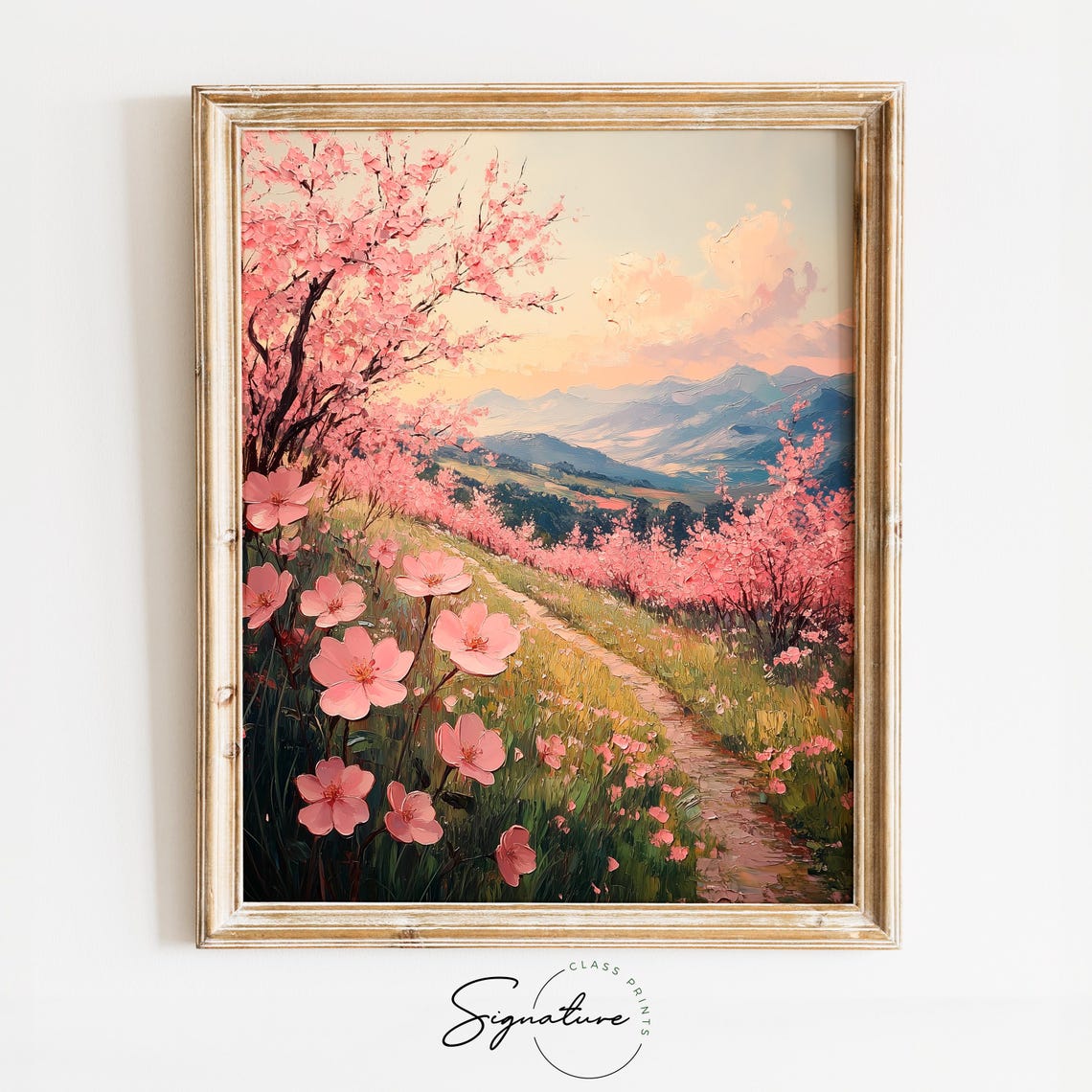 Cherry Blossom Path On Spring Hillside Pink Flowers Mountain Poster