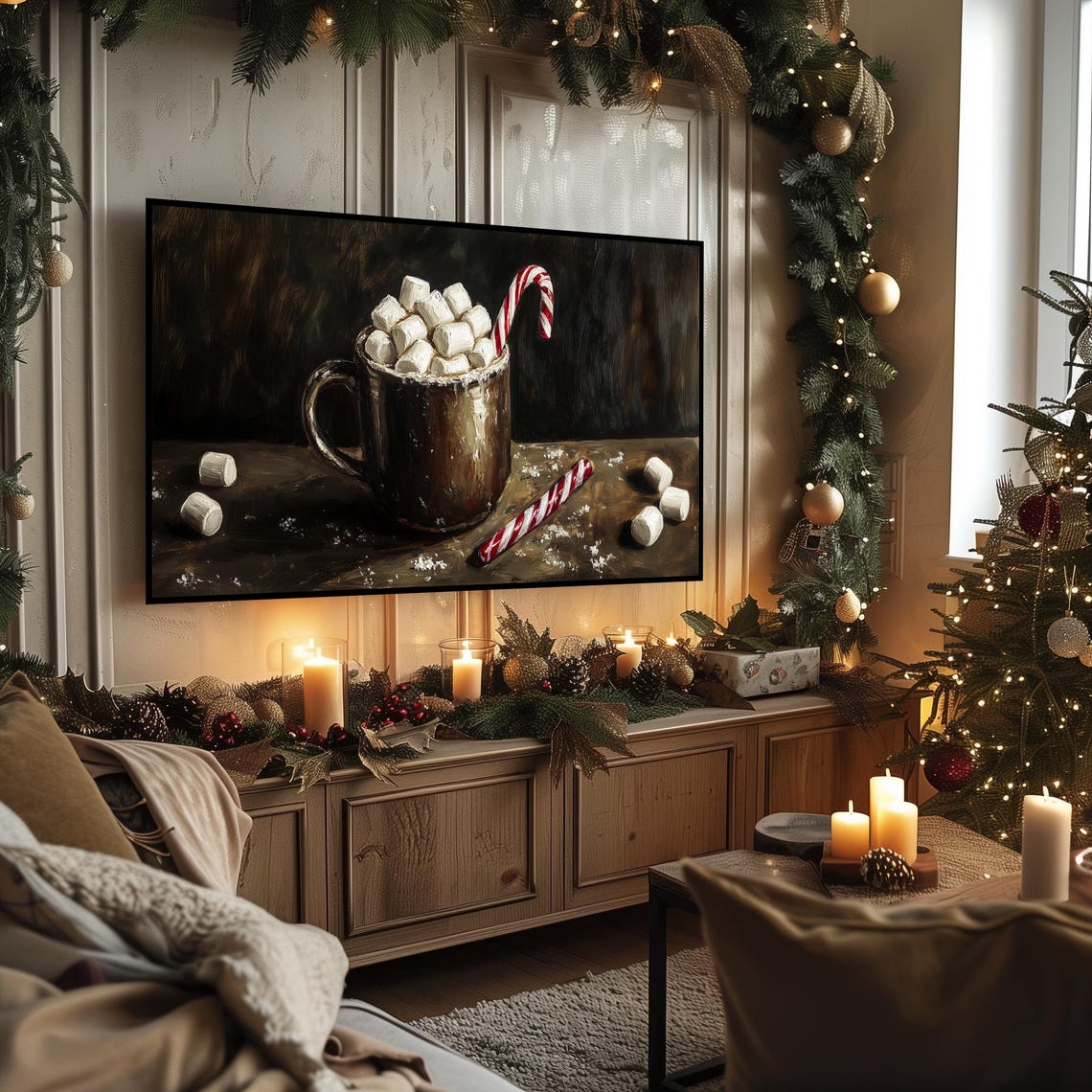 Dark Cocoa Mug With Marshmallows And Candy Canes Winter Poster - Image 3