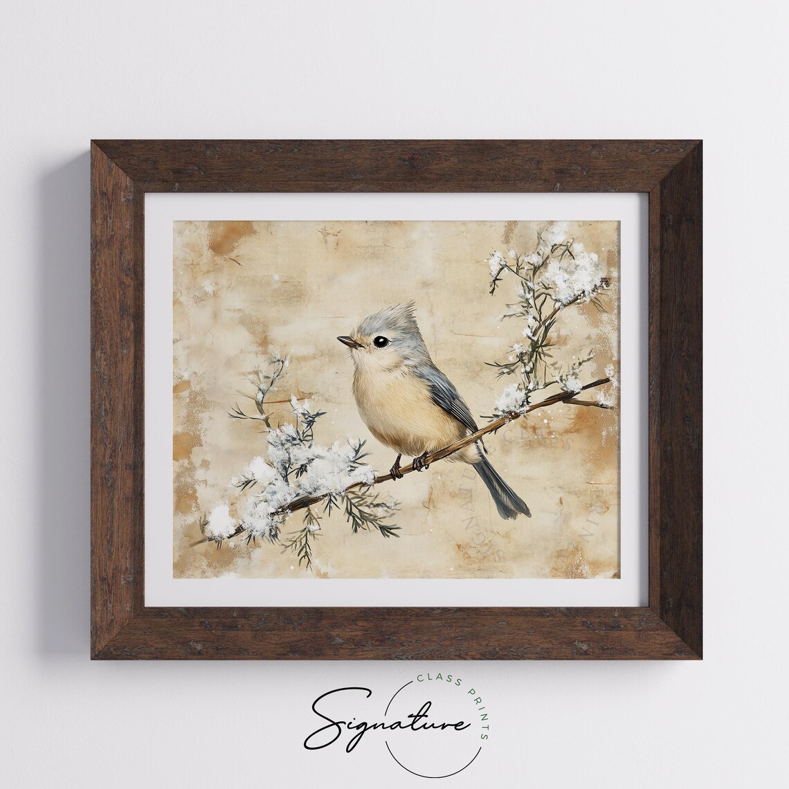 Tufted Titmouse On Snowy Winter Branch Soft Vintage Bird Painting Poster - Image 5