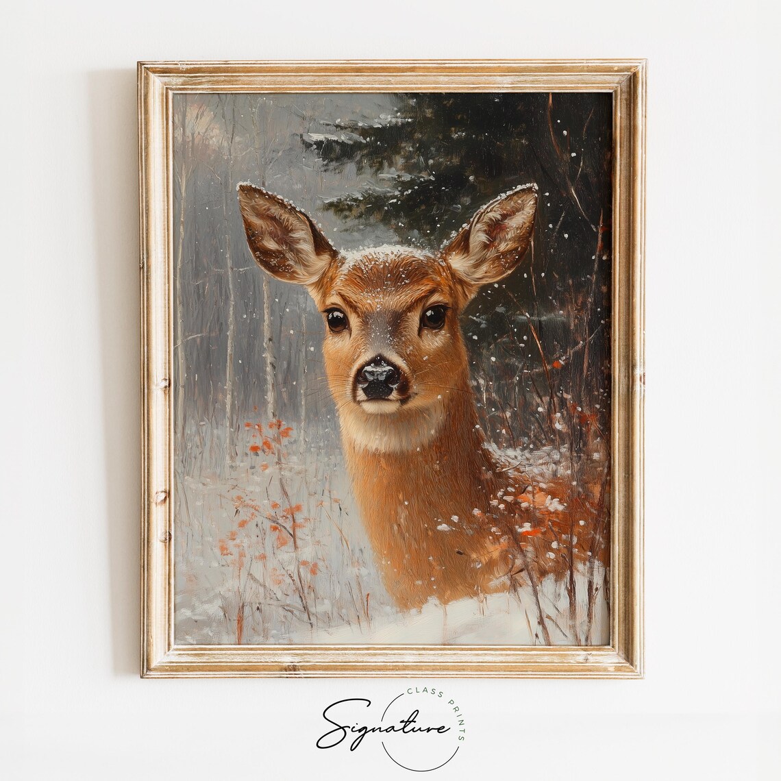 Doe Portrait in Snowy Forest Winter Wildlife Oil Painting Print