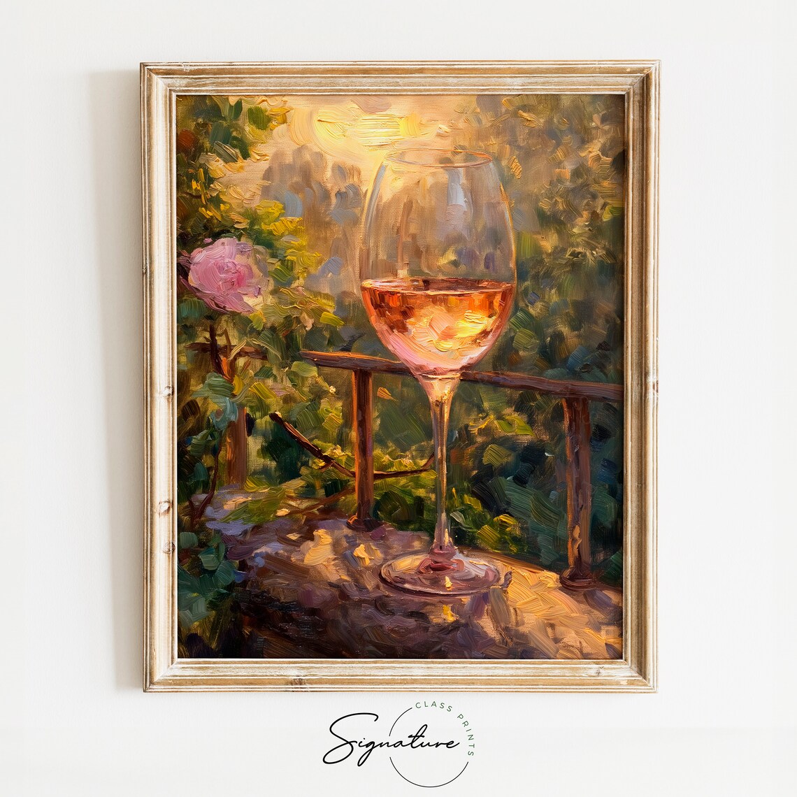 Rose Wine Glass Garden Roses Golden Sunset Balcony Stone Wall Oil Poster