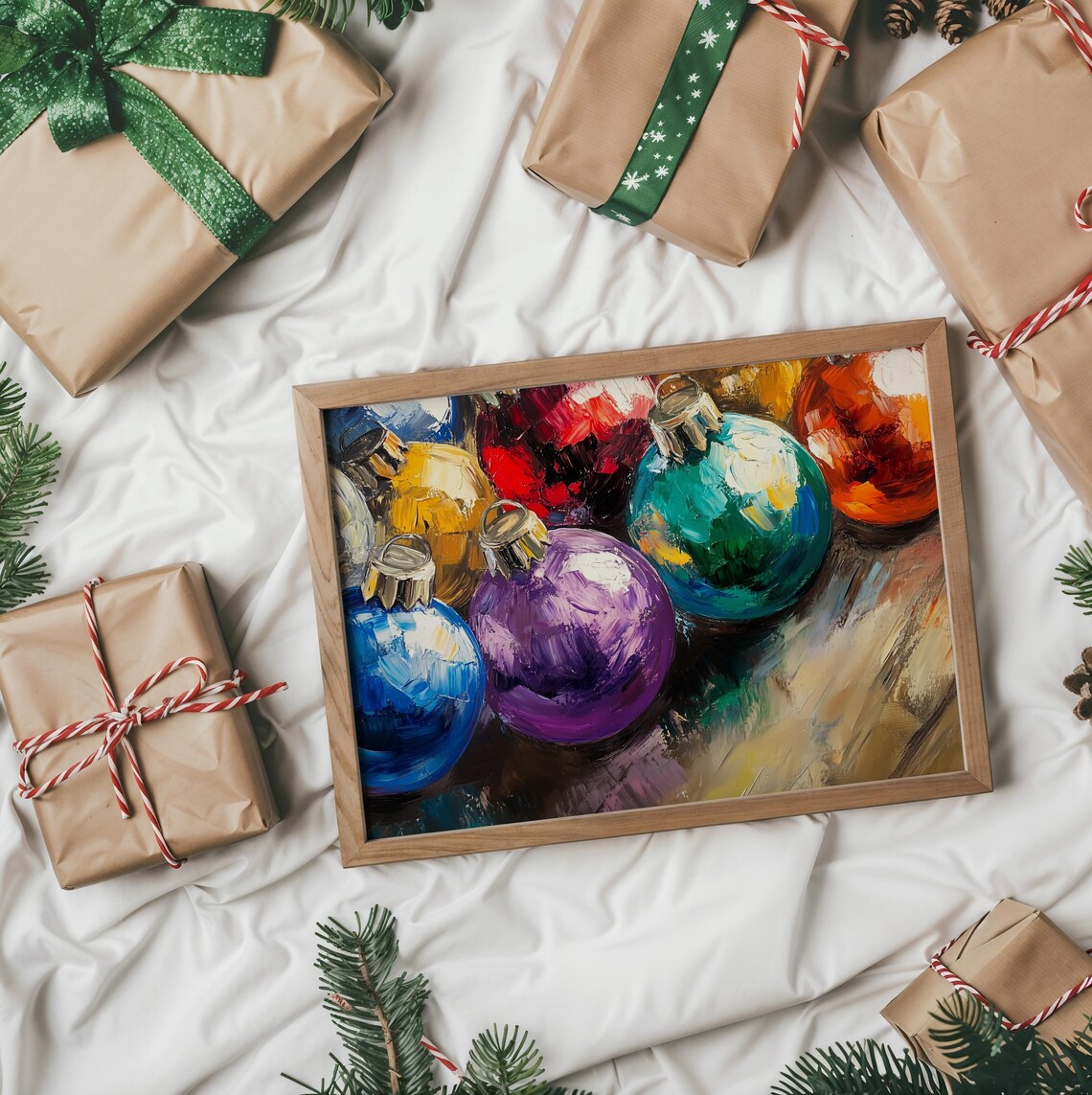 Bright Colorful Christmas Baubles In An Impressionist Oil Style Poster - Image 2