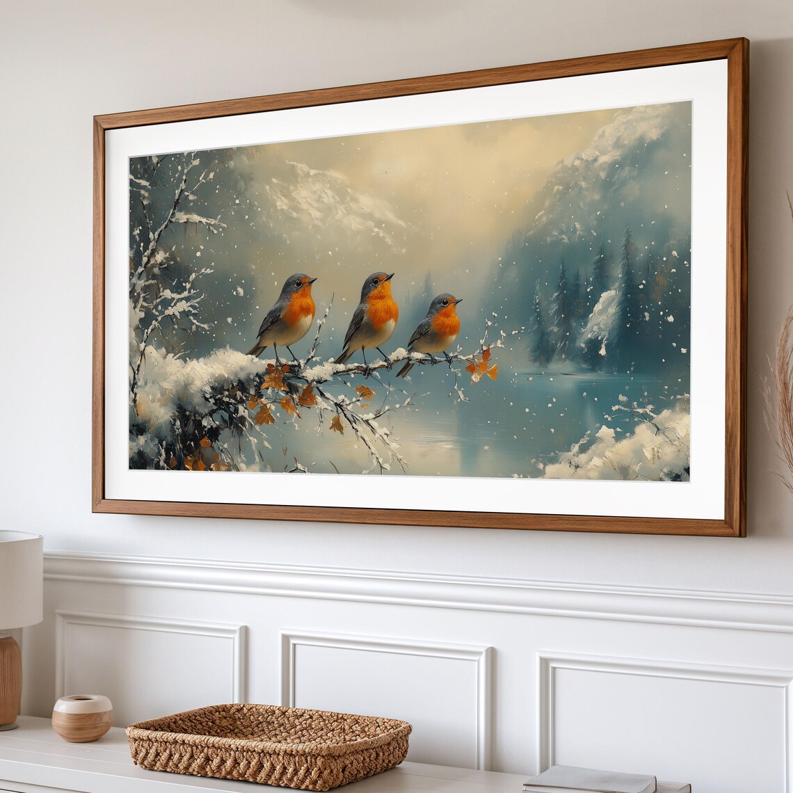 Robin Trio On Snowy Lakeside Branches In Falling Snow Winter Art Poster - Image 2