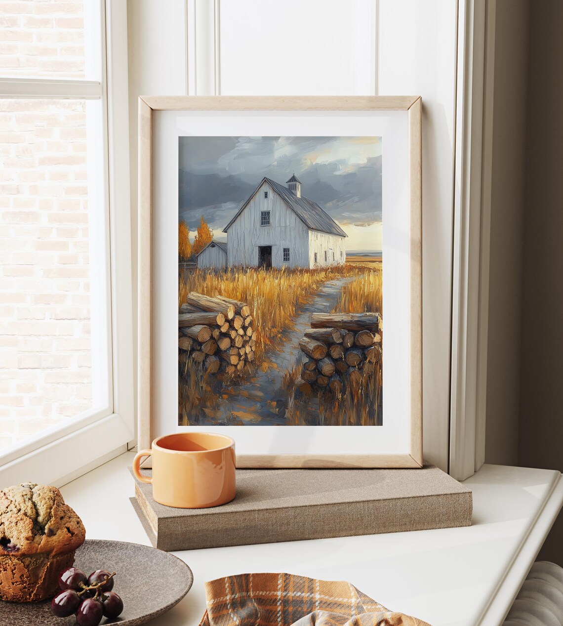White Barn With Stacked Firewood in Golden Wheat Under Stormy Sky Wall Art - Image 6