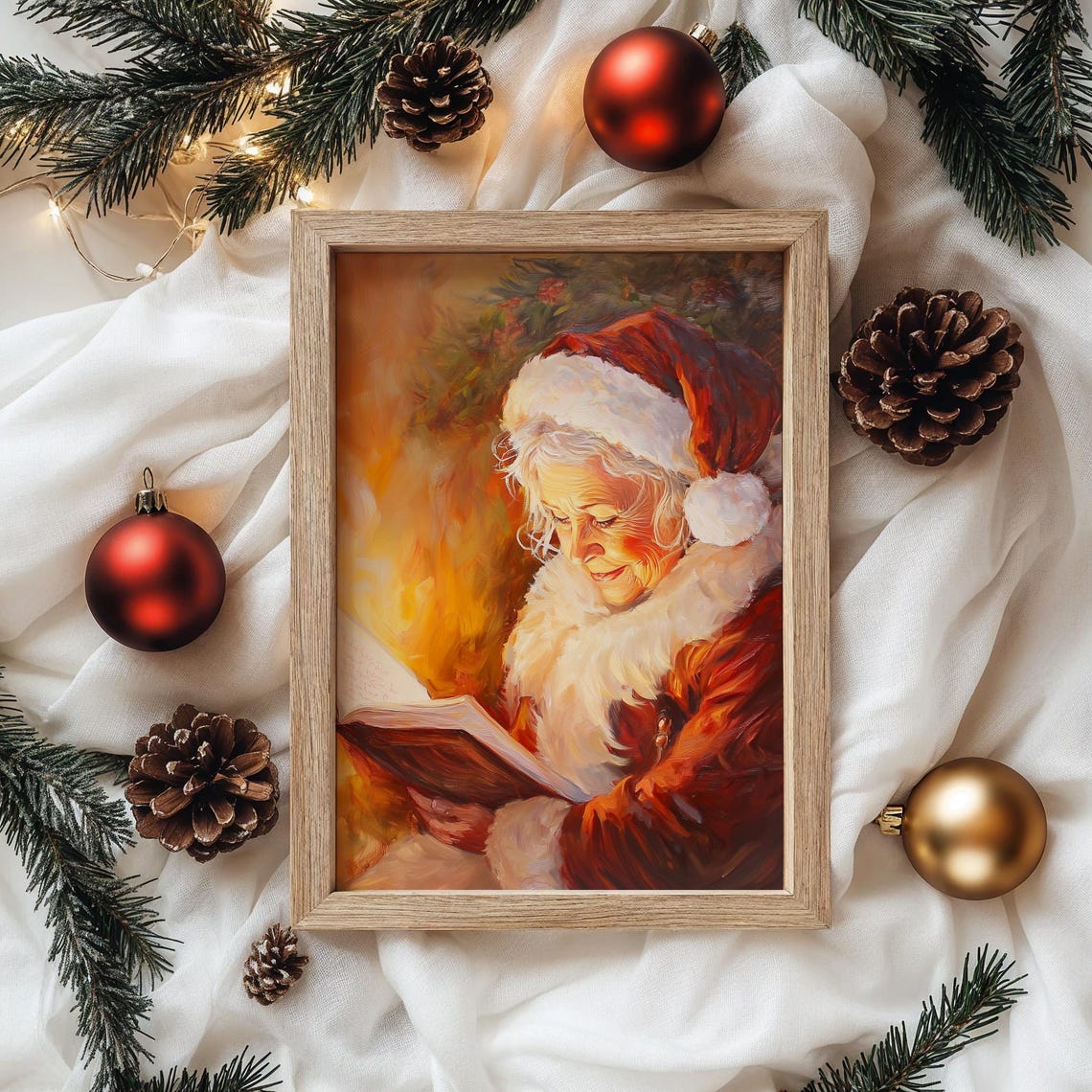 Mrs Claus Reading By The Fireplace Cozy Christmas Painting Poster - Image 3