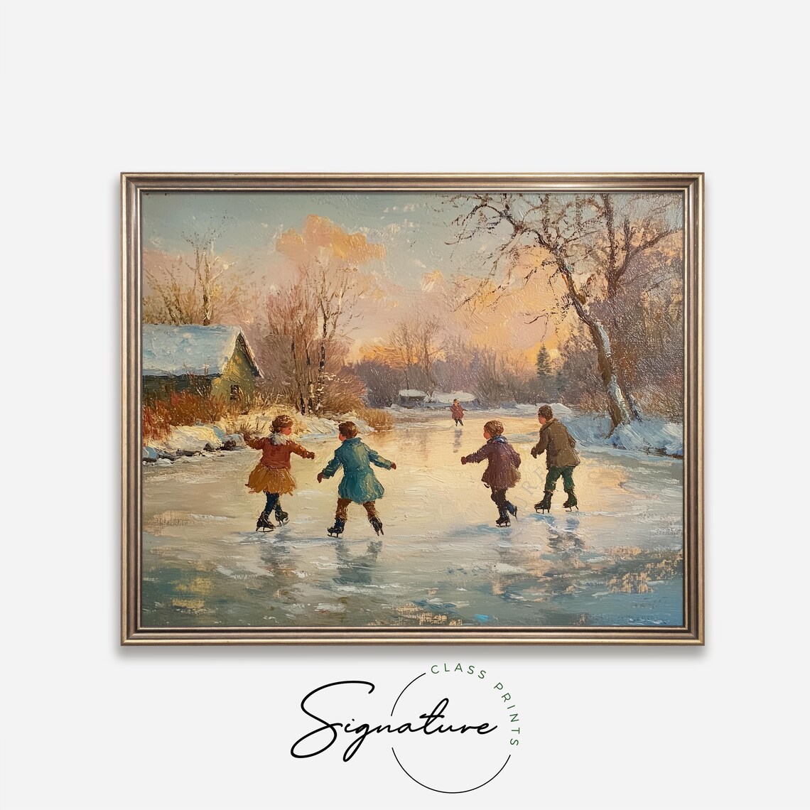 Winter Ice Skating Scene Rustic Wall Art Vintage Christmas Painting Farmhouse Holiday Decor Warm Tones Festive Country Village Art 2793 - Image 4