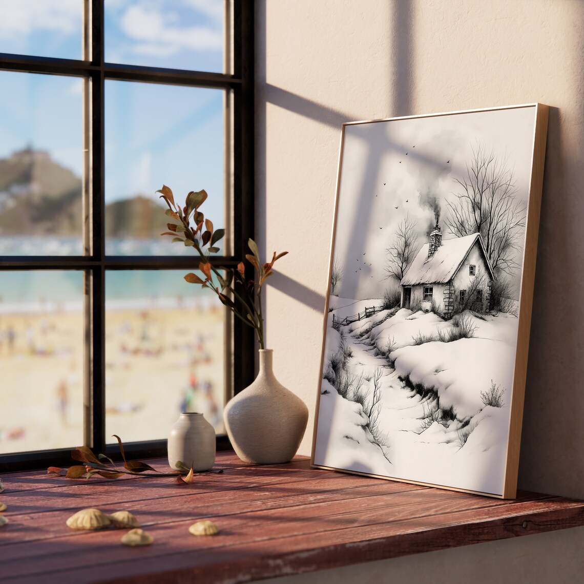 Isolated Stone Cottage In Snowy Landscape Winter Sketch Poster - Image 5