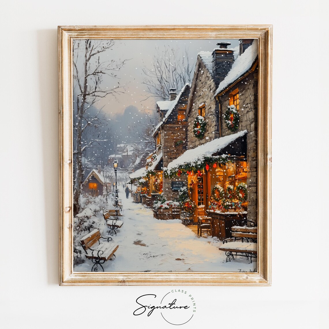 Snowy Stone Village Christmas Shops with Glowing Wreaths Poster