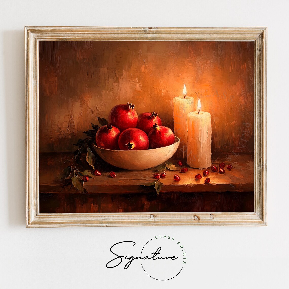 Pomegranate Bowl With Glowing Candles Rustic Autumn Still Life Poster