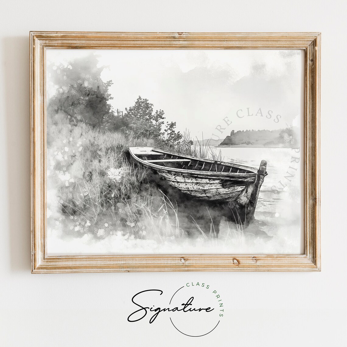 Abandoned Wooden Boat In Misty Reeds Riverbank Watercolor Art Poster