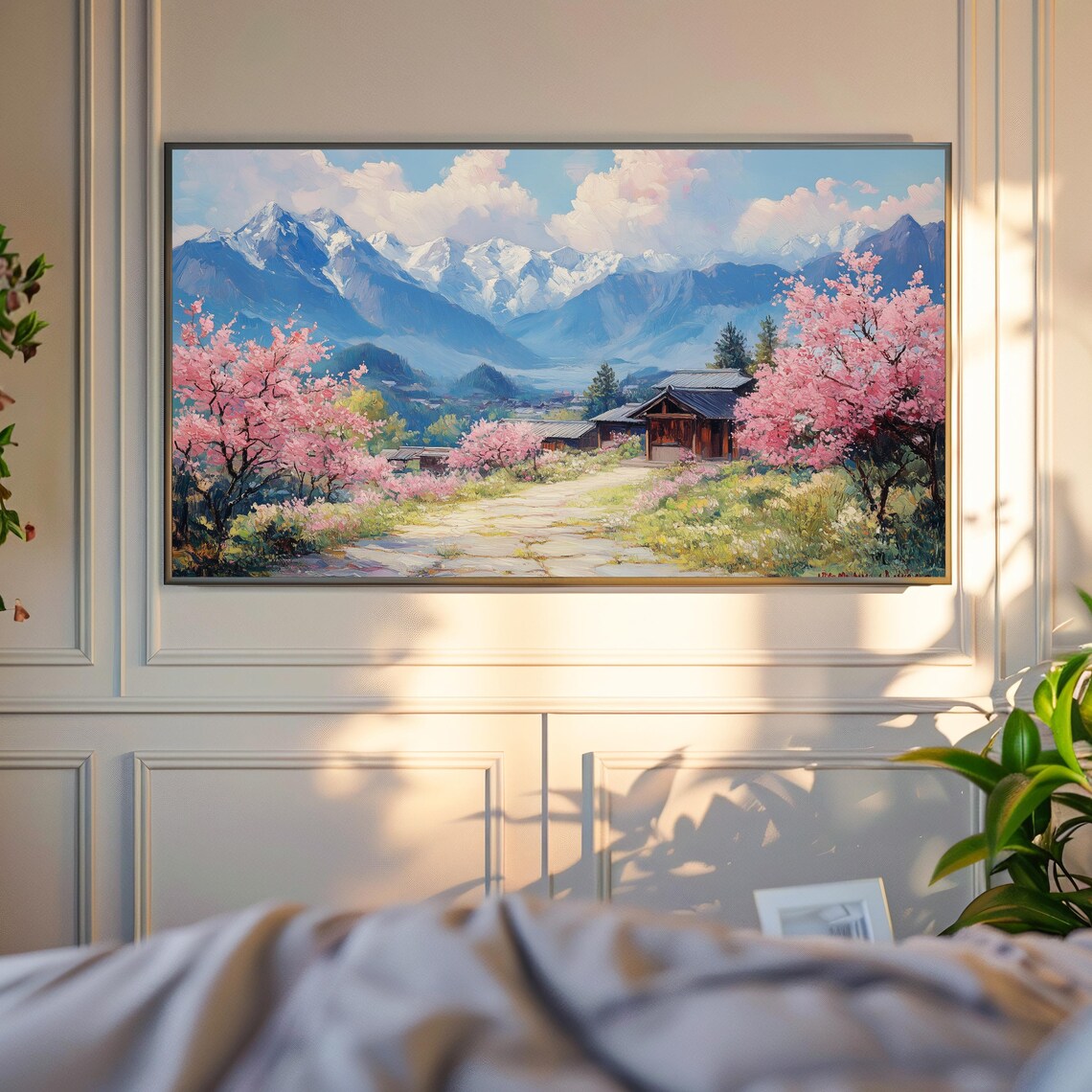 Cherry Blossom Village And Snowy Peaks Spring Frame TV Wall Art - Image 6