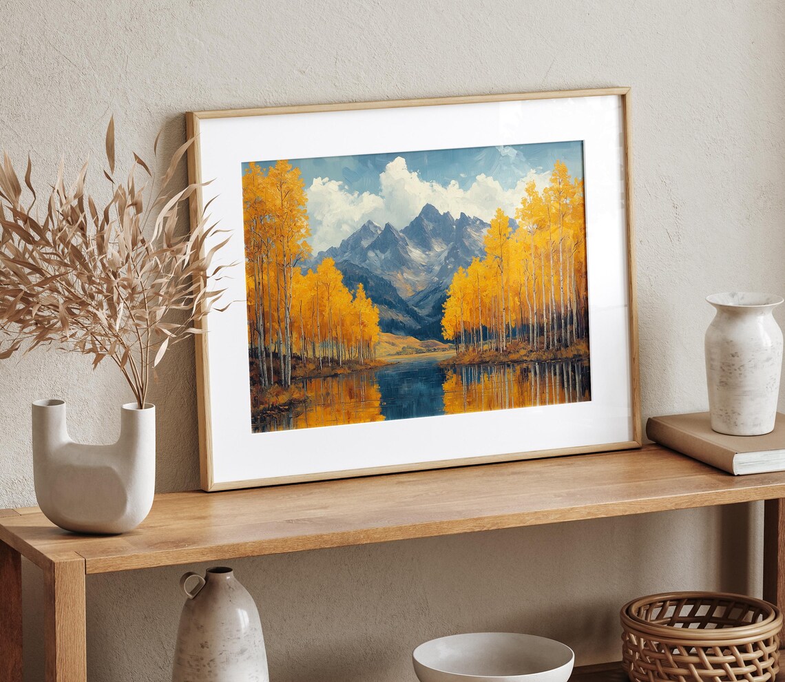 Golden Aspens Mirrored in Mountain Lake Under Snowy Peaks Poster - Image 4