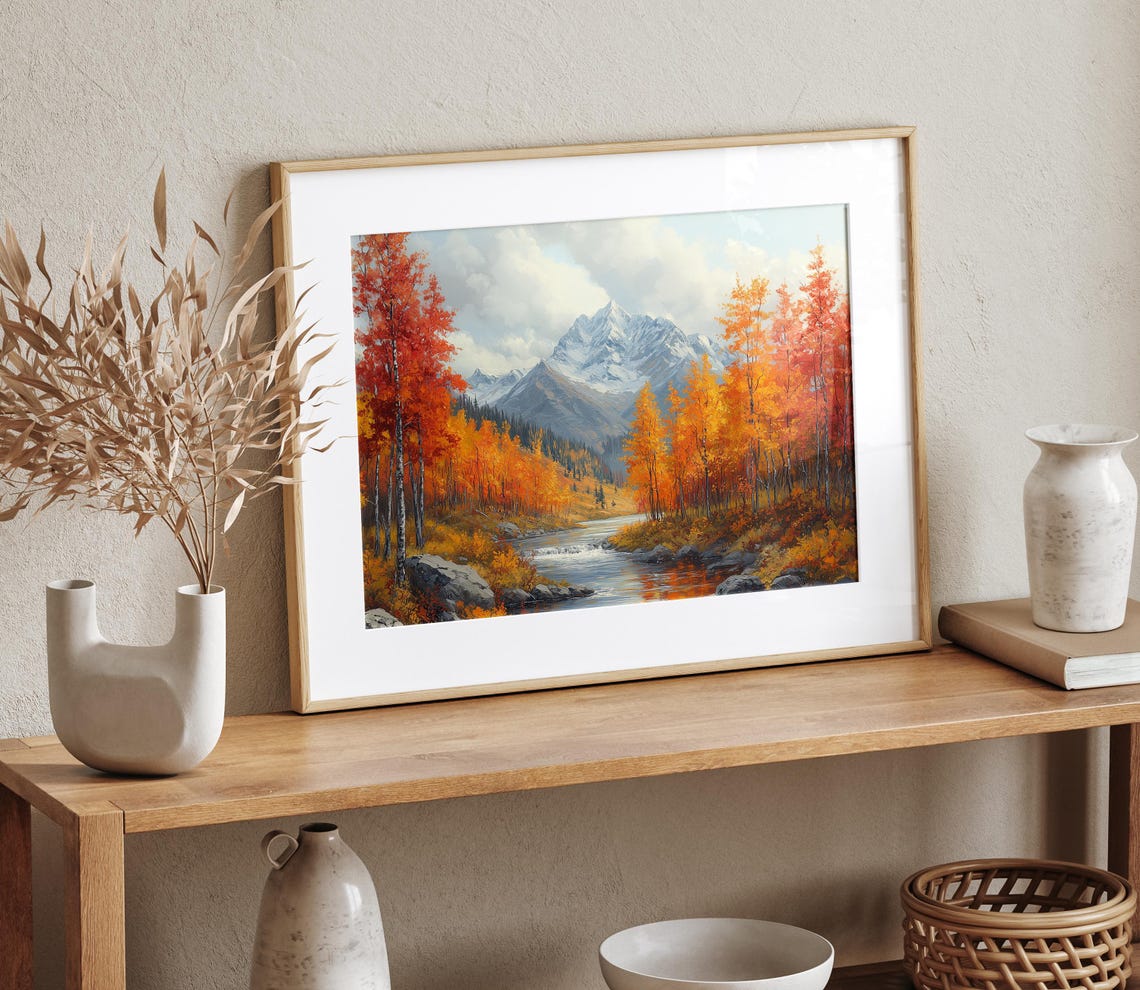 Mountain River Flowing Past Red Aspens Toward Snowy Peaks Wall Art - Image 4