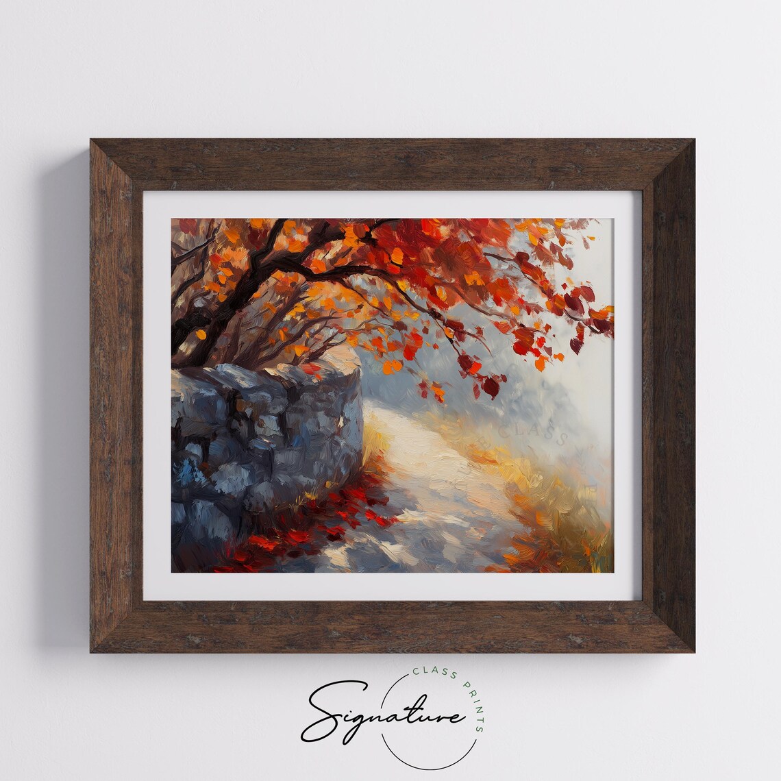 Autumn Stone Wall Painting Red Fall Leaves Impasto Tree Branch Poster - Image 5