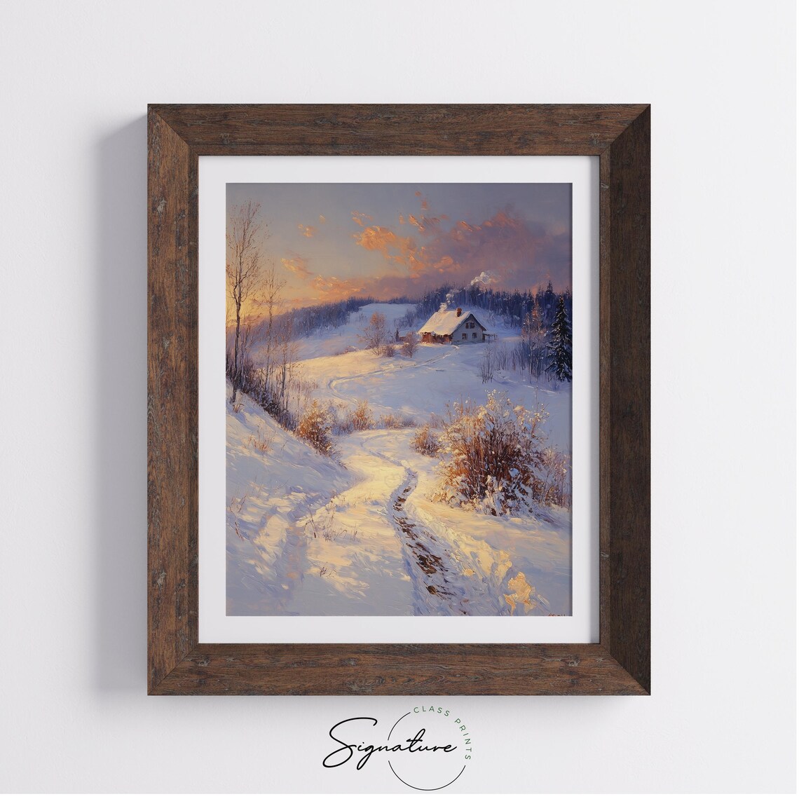 Cozy Winter Cabin at Sunset on Glowing Snow under Pink Sky Poster - Image 3
