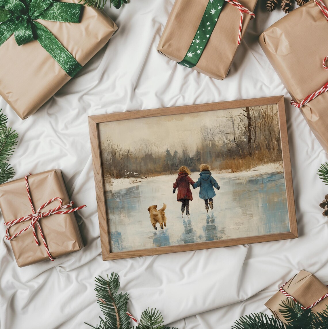 Children Ice Skating With Dog On Frozen Pond Winter Scene Poster - Image 2