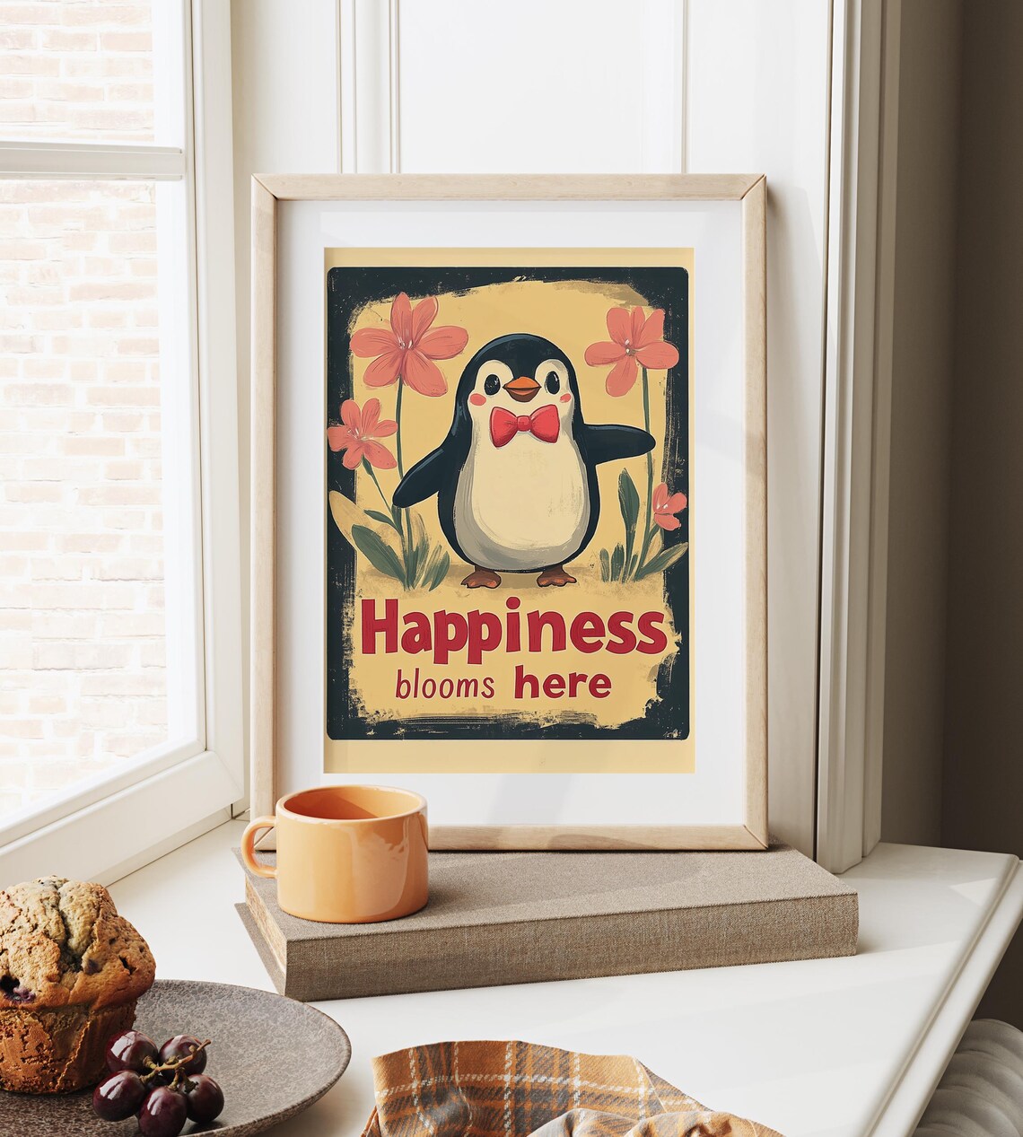 Sweet Happiness Blooms Here Penguin Retro Floral Animal Poster - Image 6