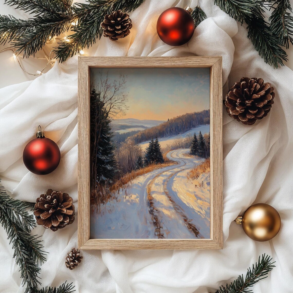 Winding Snowy Country Road Golden Sunset Winter Landscape Poster - Image 4