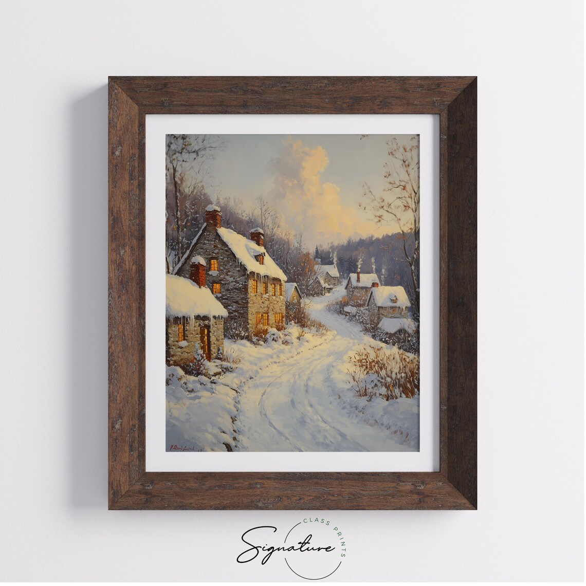Snowy Village Lane With Glowing Cottages And Winding Path Poster - Image 3