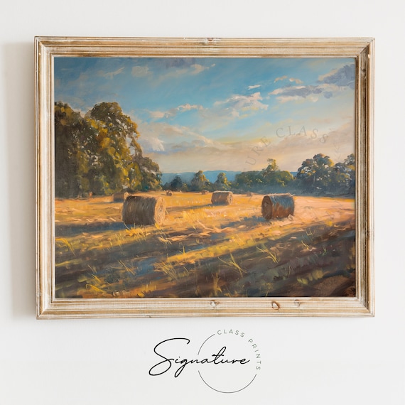Golden Hay Bales Sunset Farm Field Warm Evening Harvest Landscape Poster