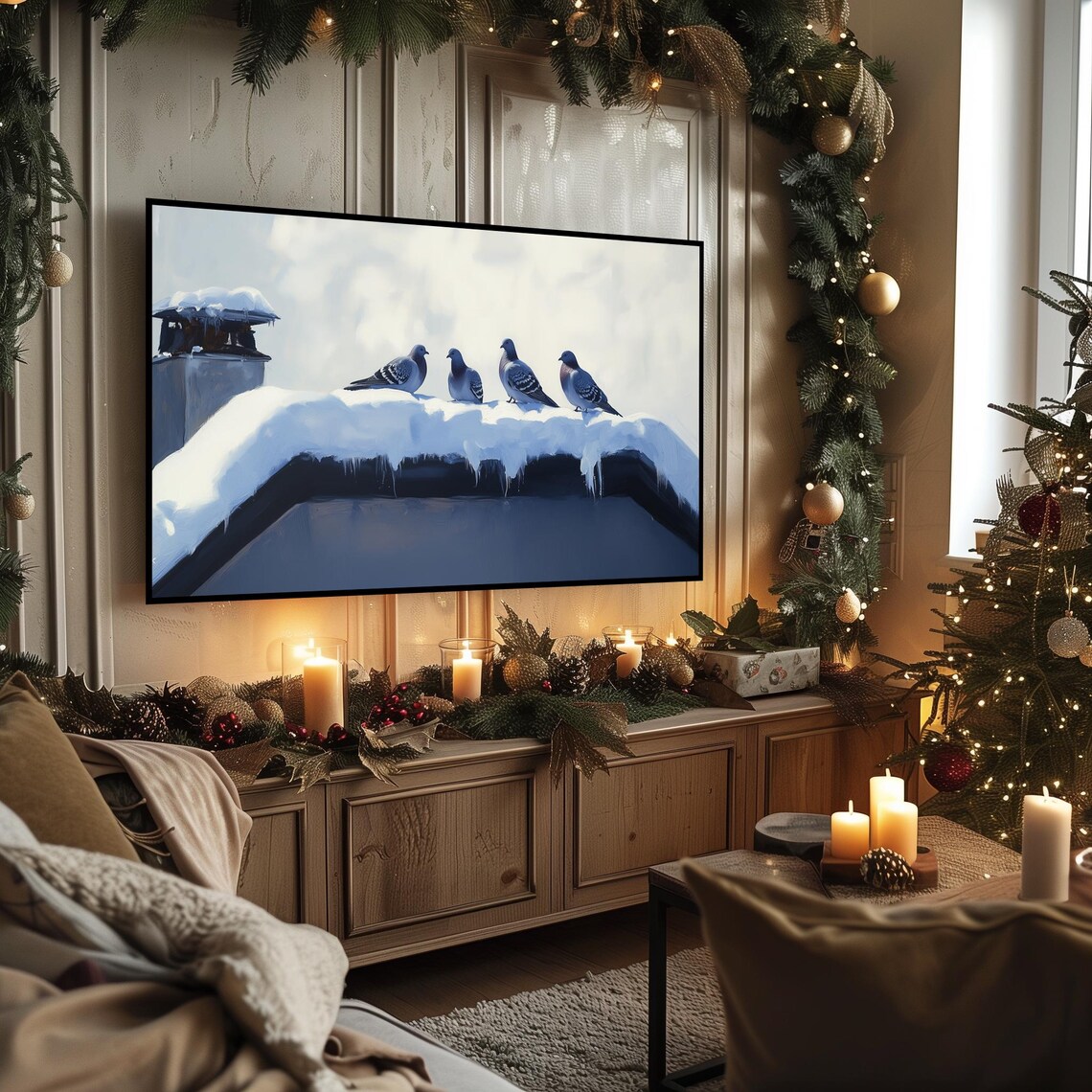 Pigeons on Snowy Rooftop with Icicles Winter Bird Scene Poster - Image 3