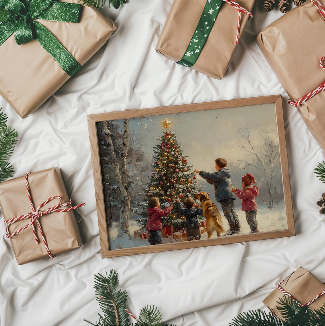Children and Golden Retriever Decorating Outdoor Christmas Tree Poster - Image 2