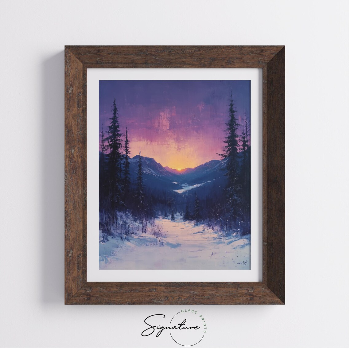 Twilight Winter Valley Purple Sunset Mountain Landscape Poster - Image 2