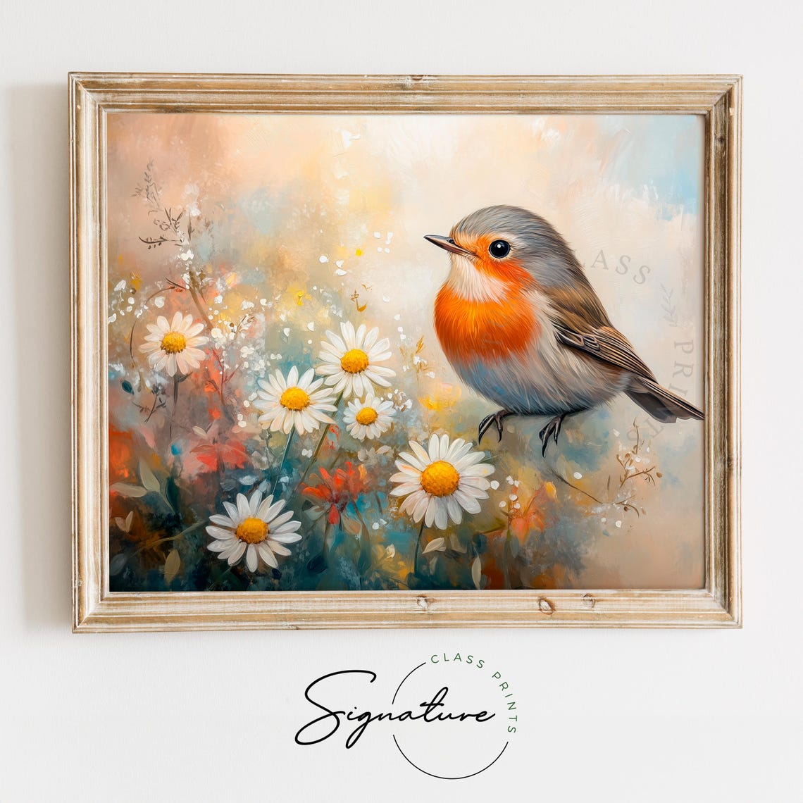 Robin Standing Among White Daisies In Soft Pastel Spring Wall Art