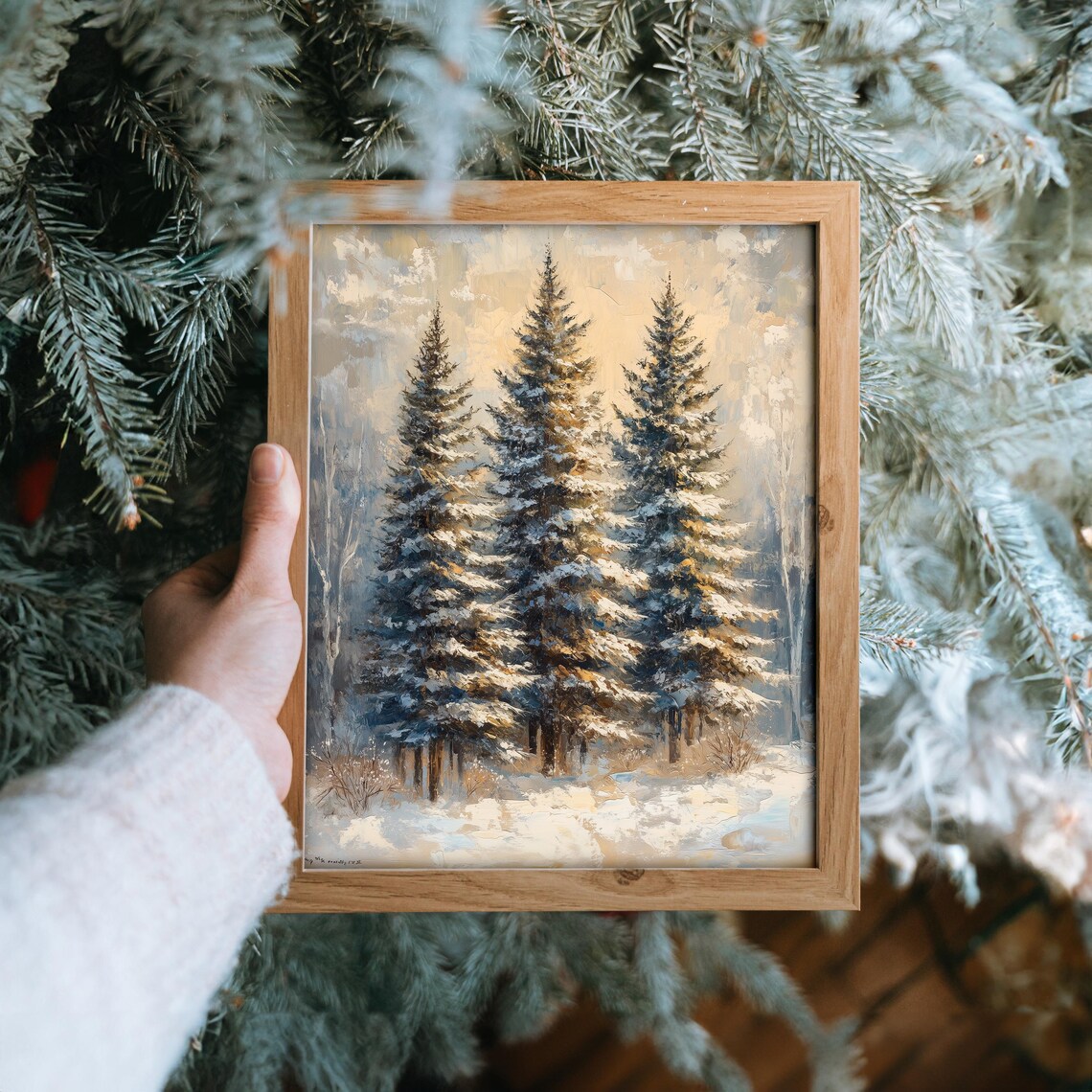 Snow Dusted Fir Trees In Winter Mist Warm Light Rustic Poster - Image 6