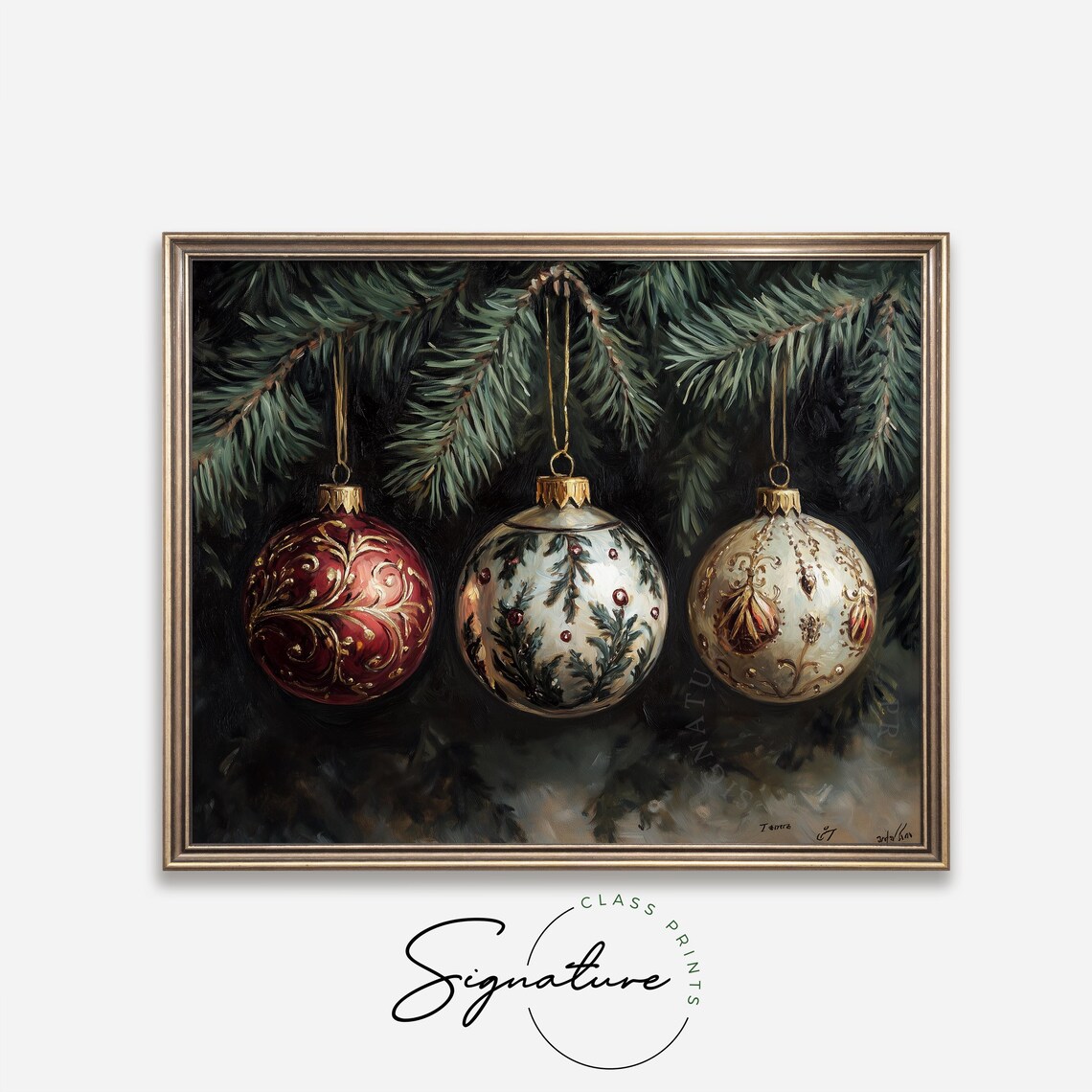 Three Vintage Glass Christmas Ornaments Hanging On A Fir Branch Poster - Image 4