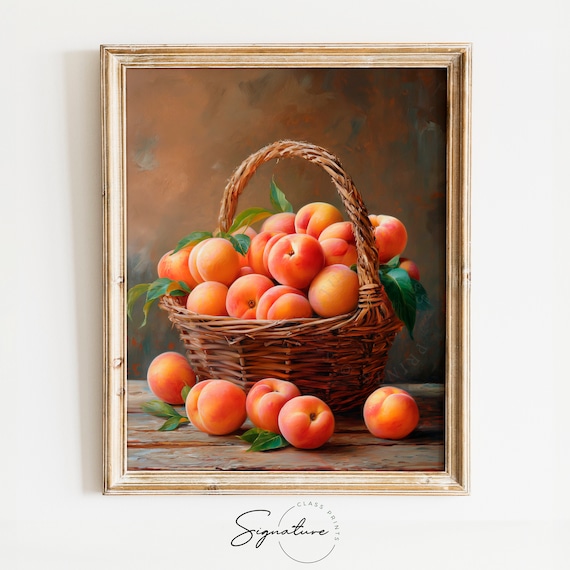 Wicker Basket of Ripe Peaches Rustic Fruit Still Life Poster