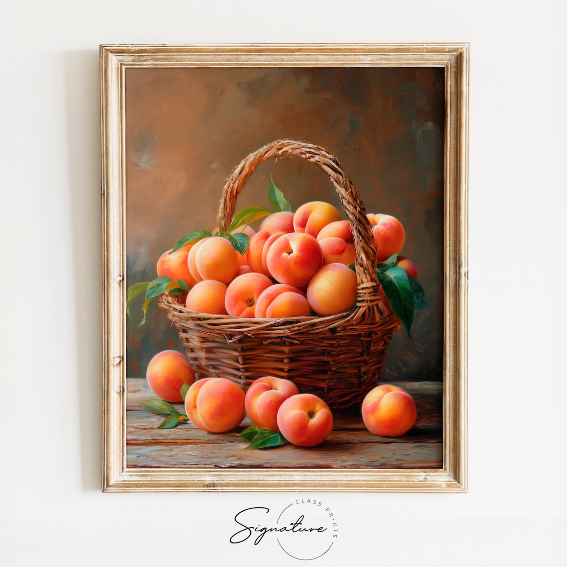 Wicker Basket of Ripe Peaches Rustic Fruit Still Life Poster