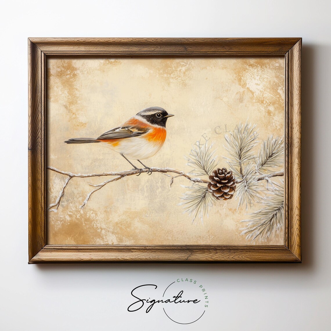 Common Redstart on Frosty Pine Branch Winter Bird Painting Poster - Image 5