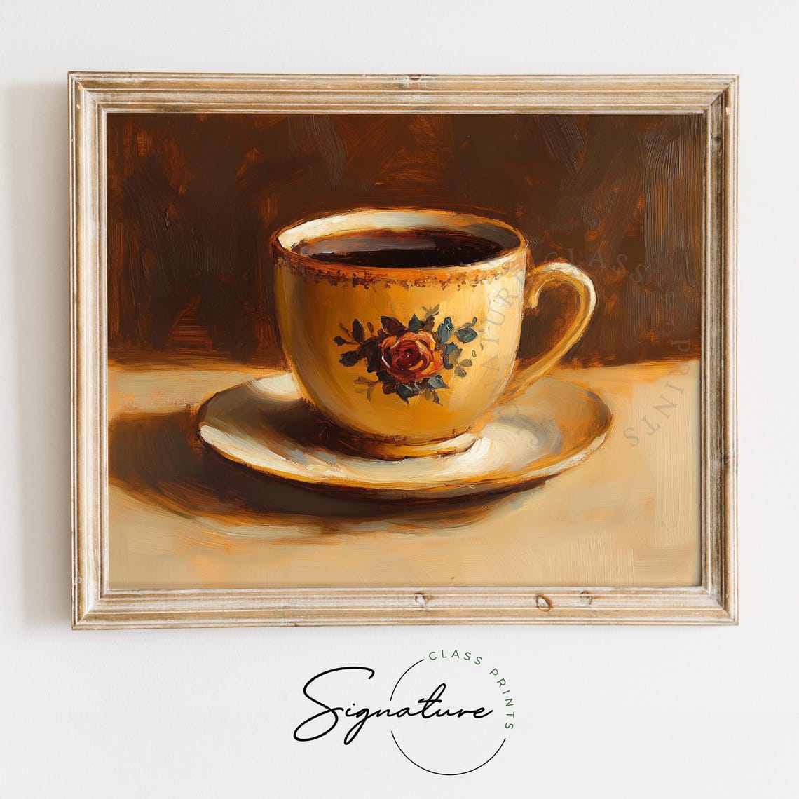 Vintage Floral Teacup Painting Cozy Golden Coffee Cup Rustic Wall Art