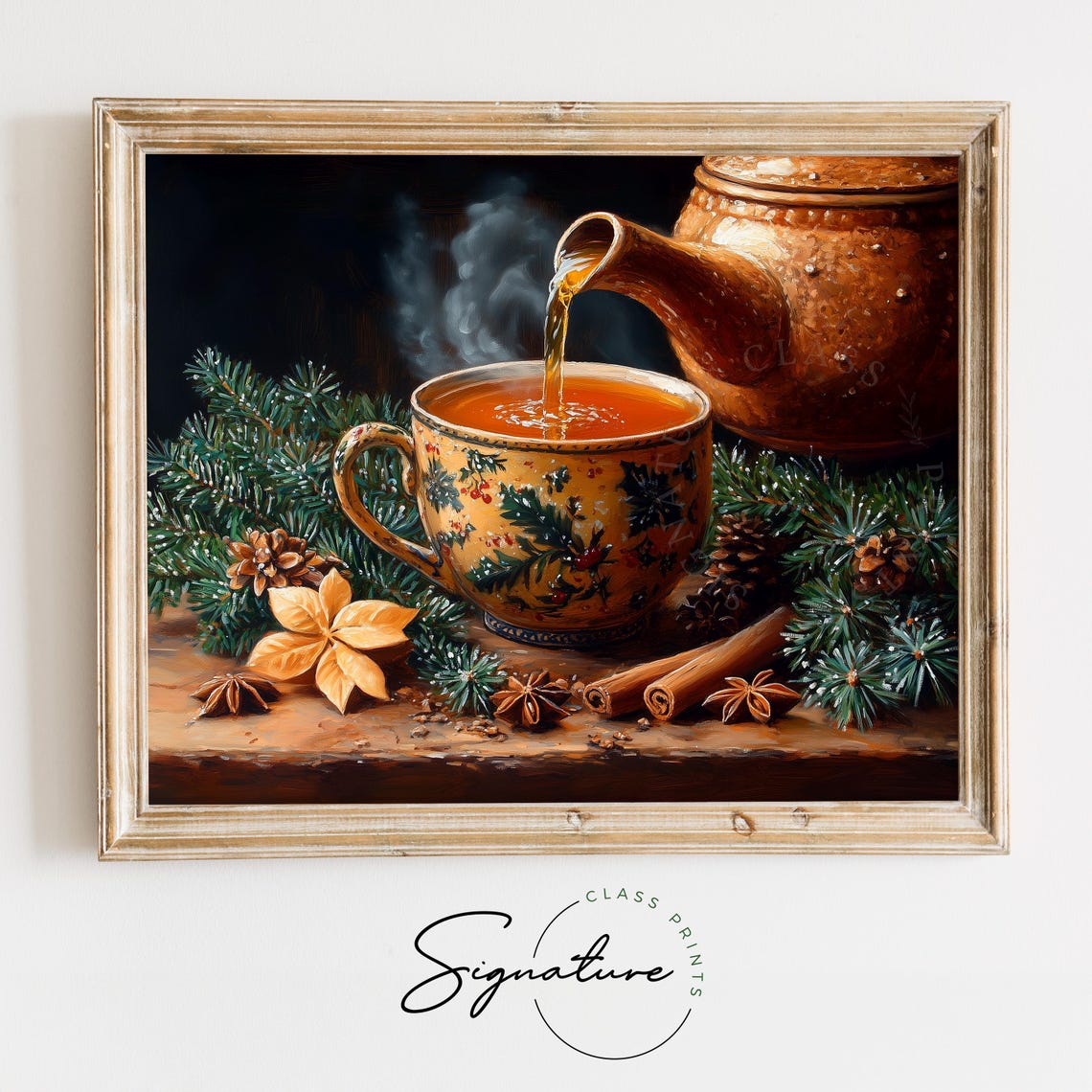 Vintage Teapot Pouring Hot Tea Festive Cup Evergreen Spices Poster